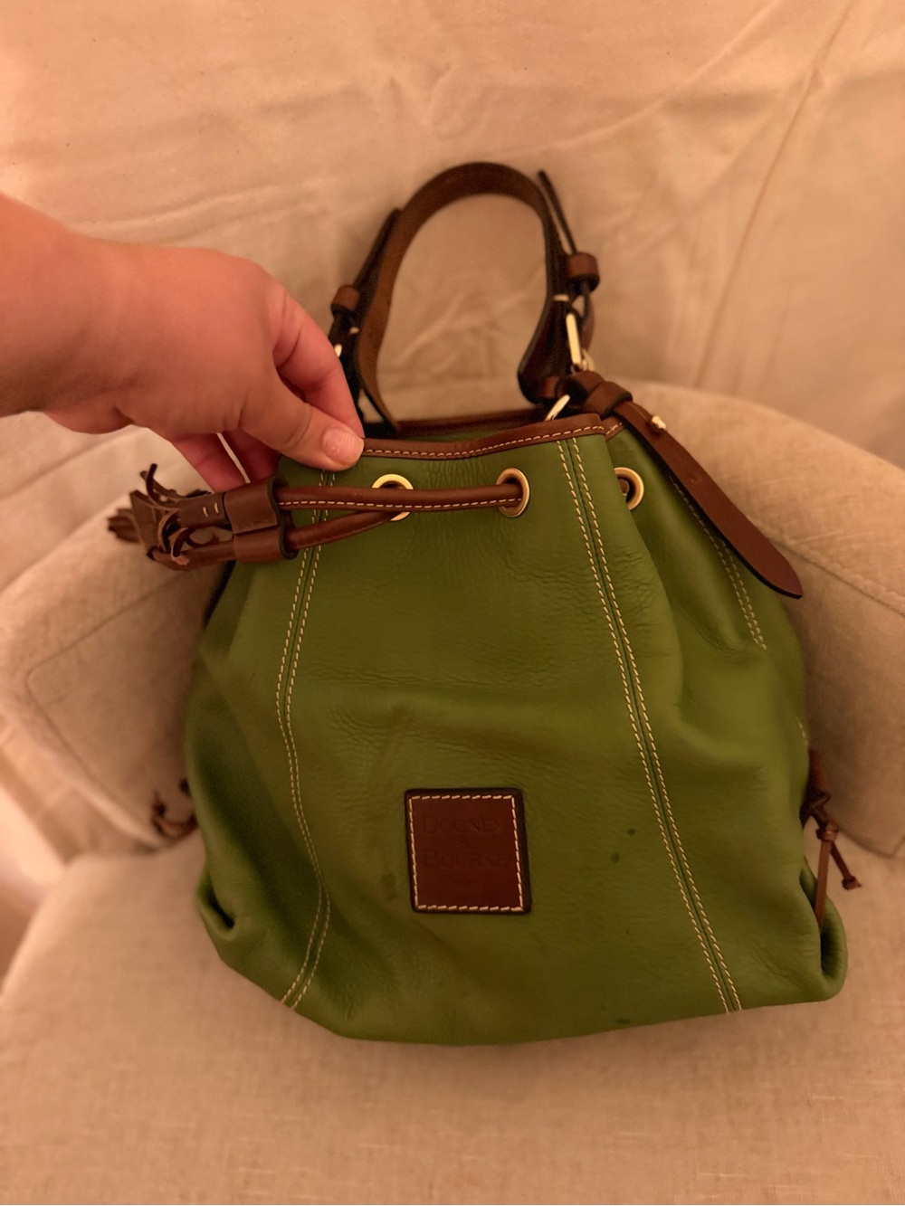 Dooney & Bourke Green Leather Drawstring Shoulder Bag with Brown Trim